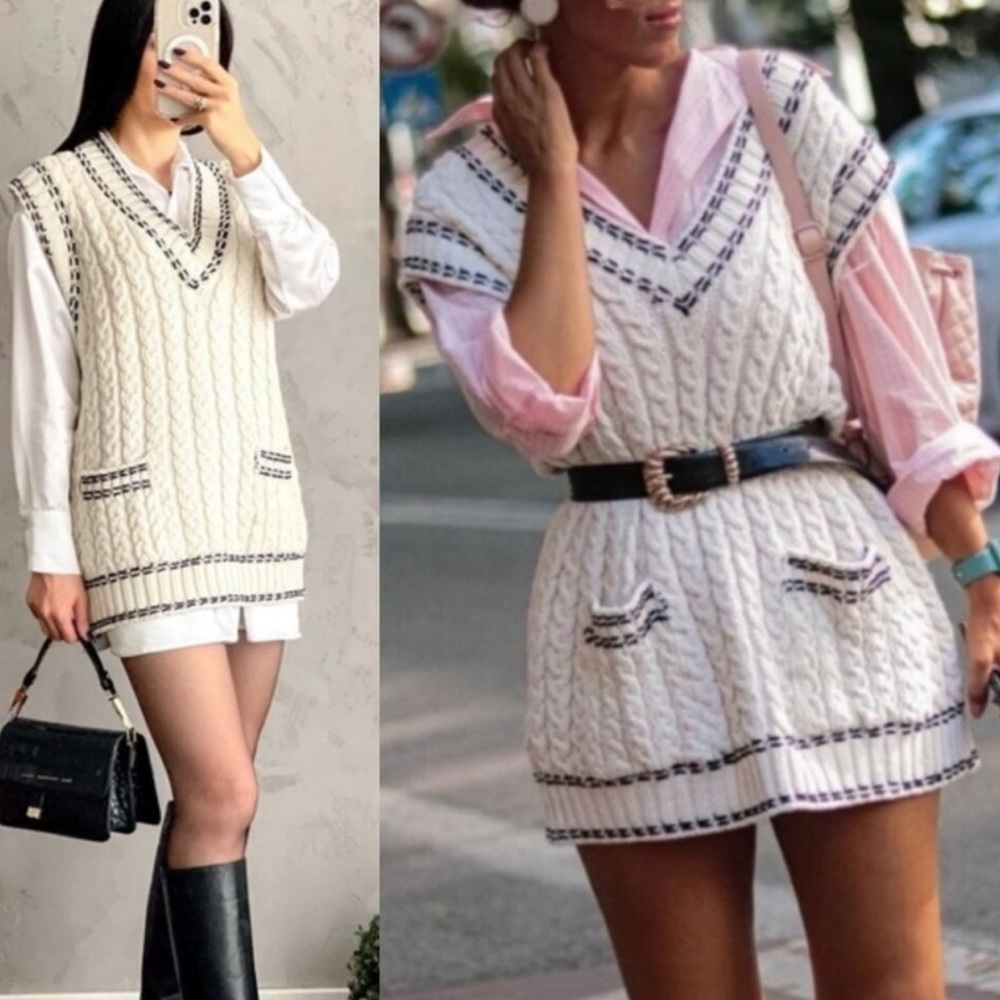 Zara Cream/Black V-Neck Sweater Vest